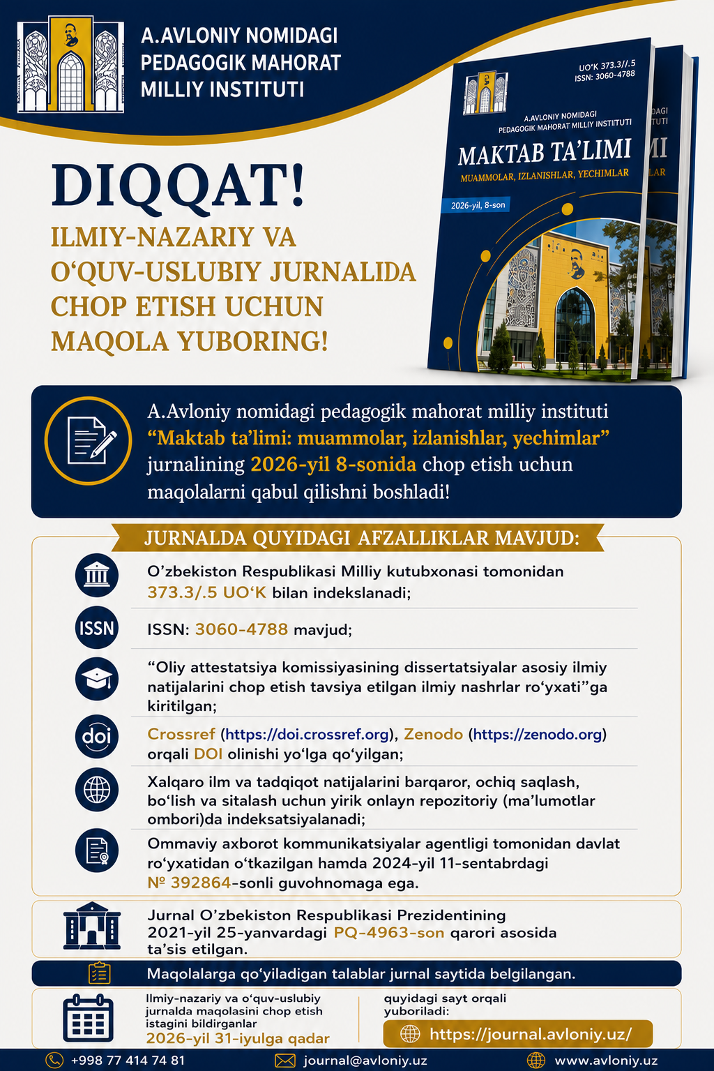 DIQQAT!   ILMIY-NAZARIY VA O‘QUV-USLUBIY JURNALIDA CHOP ETISH UCHUN MAQOLA YUBORING!