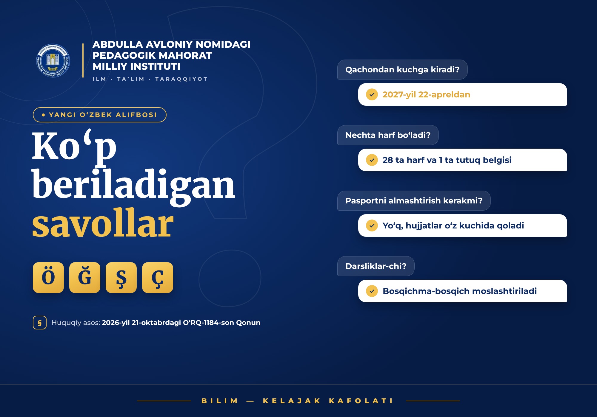 YANGI O‘ZBEK ALIFBOSI: KO‘P BERILADIGAN SAVOLLAR